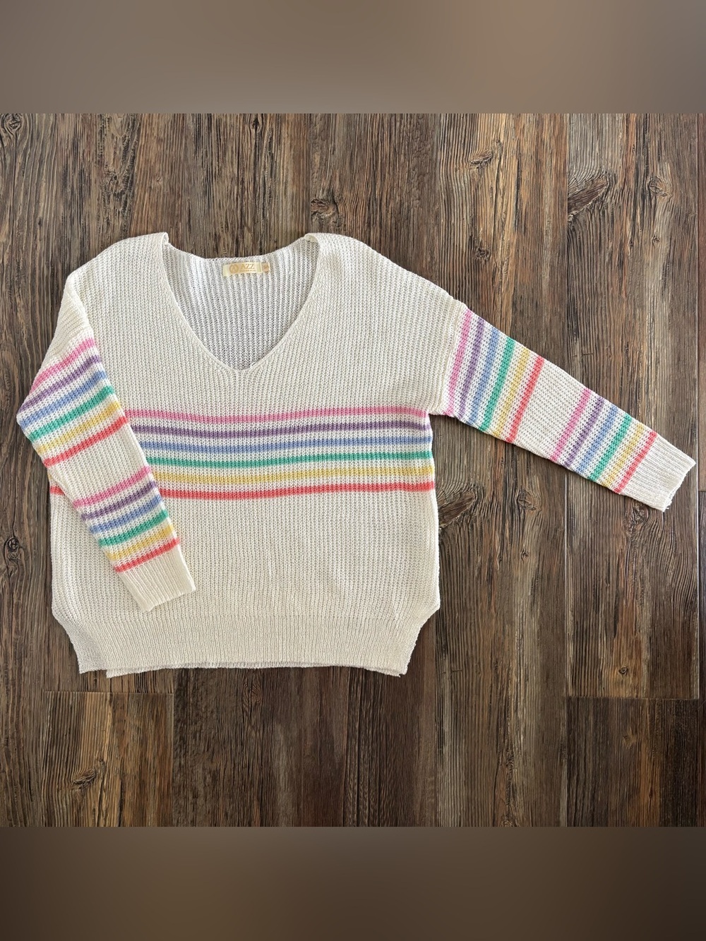 AZZ Fashion Wear V-Neck Rainbow-Striped Sweater Womens S/M Split Hem Pullover